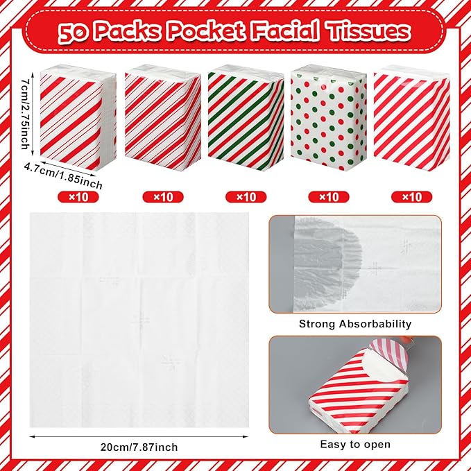 Ctosree 50 Pack Christmas Pocket Tissues Candy Cane Travel Packs Bulk 500 Sheet Small Facial Individual Tissues Pocket Packs 3 Ply Mini Travel Size for School Outdoor Camping