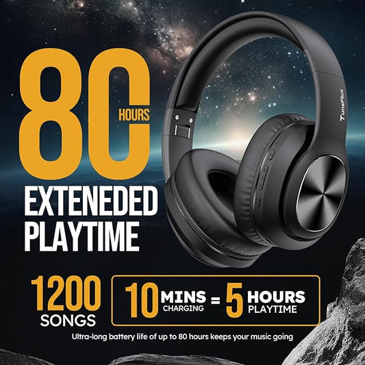 TuneFlux Wireless Bluetooth Headphones Over Ear, 80H Playtime, 3EQ Sound Modes, HiFi Stereo Headphones with Deep Bass Microphone, Foldable Bluetooth 5.3 Headsets for Smartphone/PC/Computer