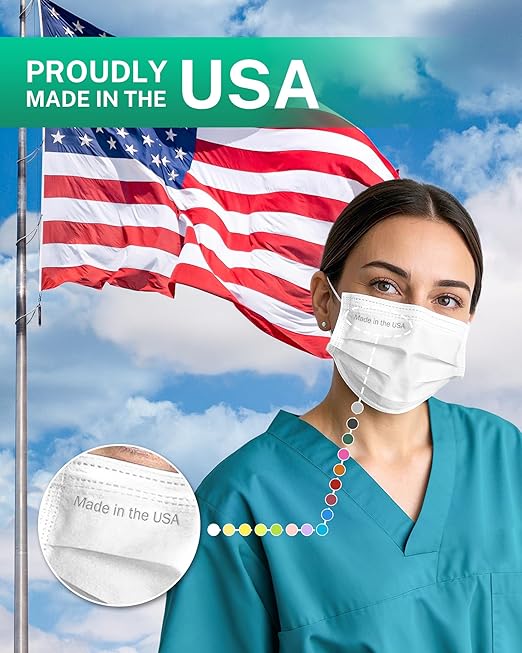 Disposable Face Masks Made in USA, 4 Ply for Families, Students, Breathable All-Day Wear & Safety, FSA HSA Eligible, ASTM Level 3 Medical Grade, 50 Pack, White