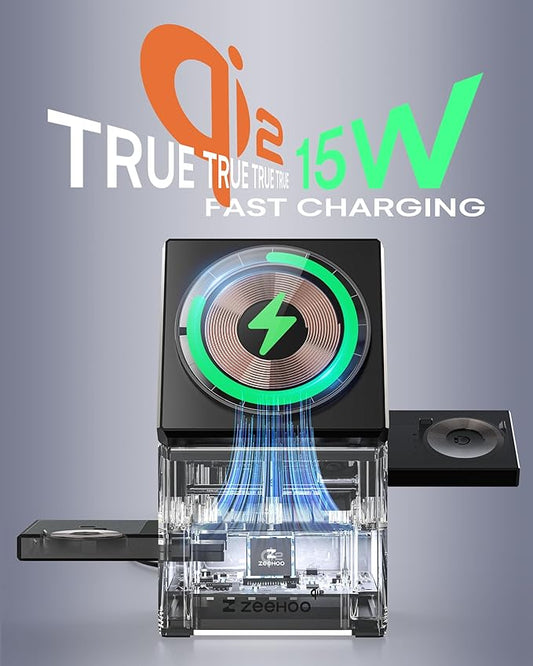 ZEEHOO iPhone Charging Station, 3 in 1 Charging Station for Apple MagSafe Charger, Qi2 Certified, 15W Fast Wireless Charger, for Apple Watch, for iPhone16 15,14,13,12 Series, AirPods (Black)