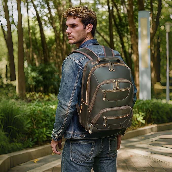 TIDING Men's Full Grain Leather Backpack Fits 16" Laptop, Vintage Business Casual Daypack 19L Overnight Travel Rucksack