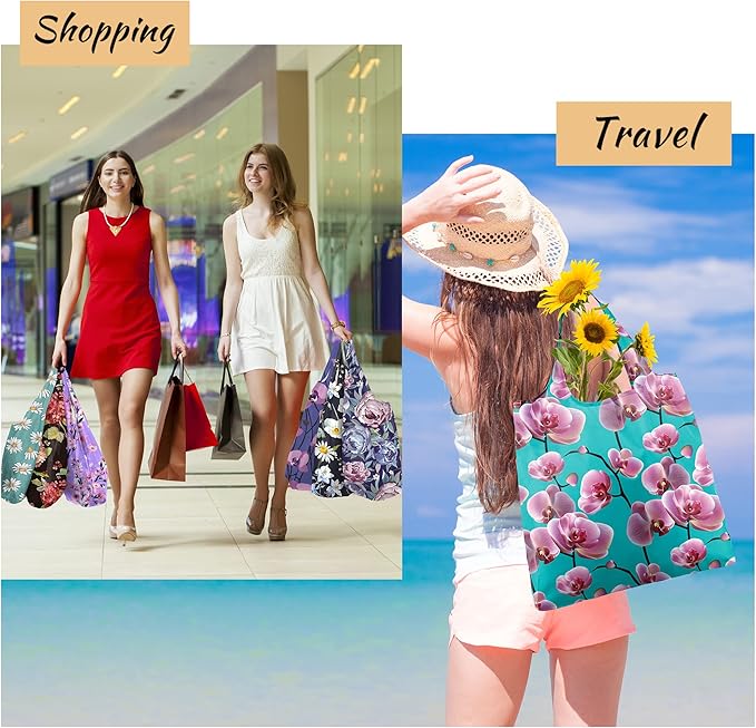 BeeGreen Large Flower Tote Bag - 12 Pack Heavy Duty Reusable Grocery Bags and Foldable Shopping Bags for Groceries, Cute Travel Reusable Gifts,Lightweight Washable Cloth Bag With Handles for Women