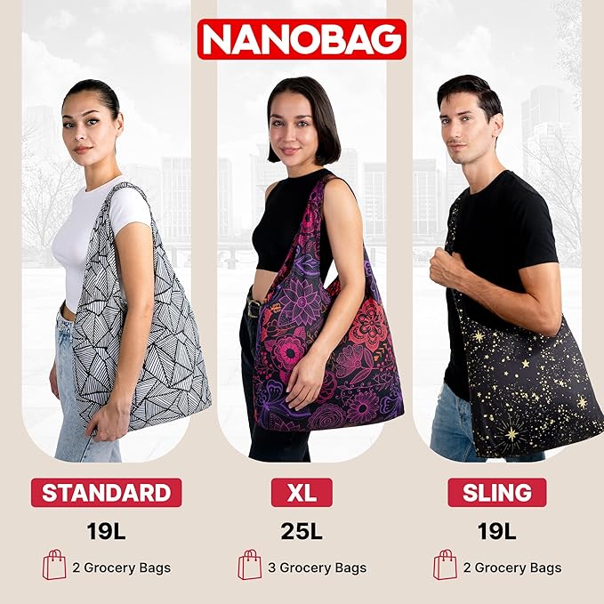 Nanobag Ultra-Lightweight Standard Size Tote Bag for Women & Men, Heavy Duty Reusable Grocery Bag, Foldable Travel Shopping Tote, Packable Cloth Bag with Handles, Washable Market Tote (Stars)