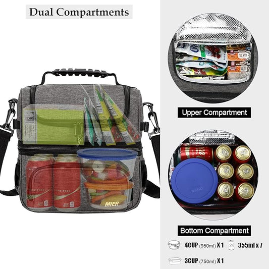 MIER Dual Compartment Lunch Bag Tote with Shoulder Strap for Men and Women Insulated Leakproof Cooler Bag, Grey