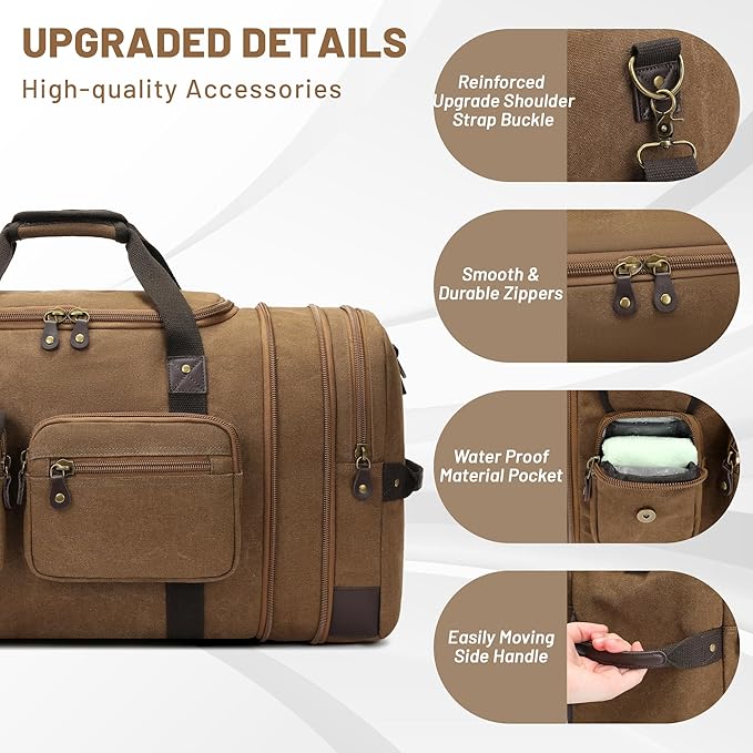 Travel Duffle Bag for Men, Duffle Bag for Travel, Heavy Duty Canvas Duffle, Carryon Bags for Airplanes, Expandable Vintage Overnight Luggage Weekender Bag, Waterproof Anti-tear Travel Bag