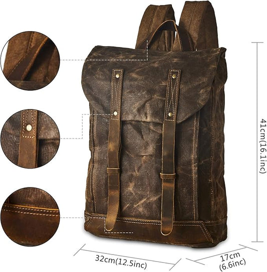 Waterproof Waxed Canvas Shoulder Rucksack Backpack for Men Women Casual Large 15.6 inch laptop Bookbag Brown