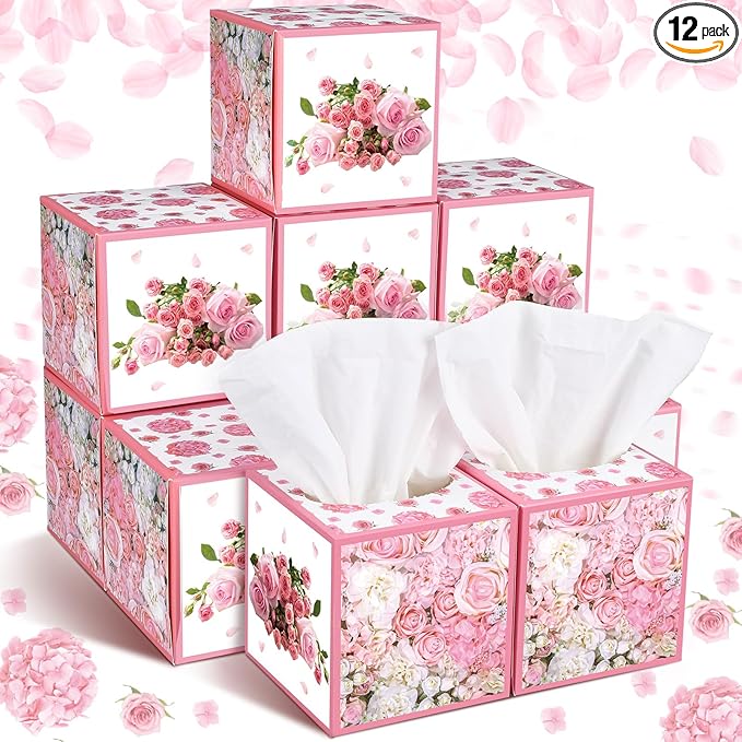 12 Pack Summer Rose Floral Facial Tissues Cube Boxes 600 Sheets 3 Ply Pink Small Square Flower Face Tissues Bulk for Summer Car Bedroom Supplies