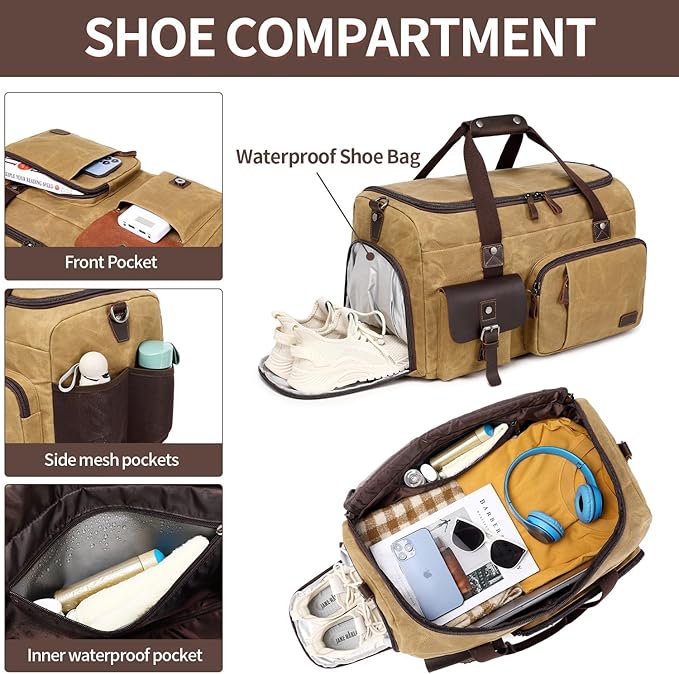 Travel Duffle Bag Weekender Bag with Shoe Compartment Overnight Bag for Men Travel Bag Carry On Lugguage Brown