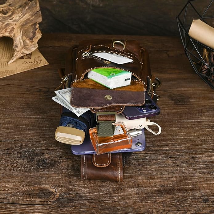 Genuine Leather Hiking Travel DayPack Sling Crossbody Triangle Chest Pack Bag For Men Women 8241