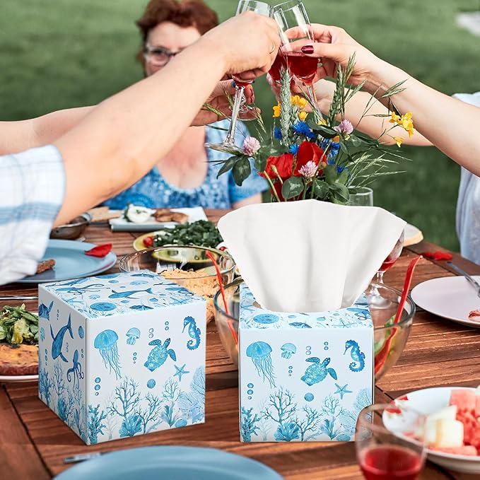 12 Pack Summer Ocean Life Facial Tissues Cube Boxes 600 Sheets 3 Ply Small Square Sea Turtles Jellyfish Turtle Face Tissues Bulk for Summer Car Bedroom Supplies