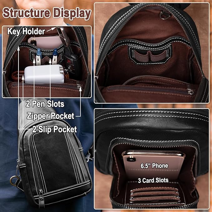 Genuine Leather Sling Bag for Men and Women Crossbody Shoulder Bag Sling Backpack Chest Purse Cross Body Pouch