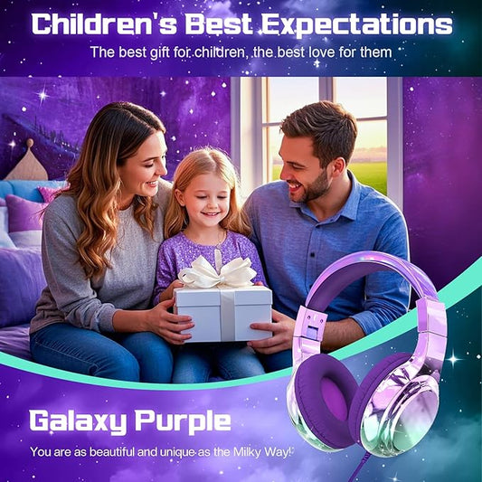 QearFun Kids Headphones Wired with Mic, 85/94dB Safe Volume Limit, Foldable Over Ear, Tangle-Free Cord & Sharing Port, Wired On-Ear Headset for School, Chromebook, Tablet, Travel - Boys & Girls