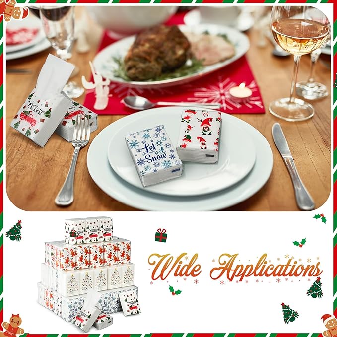 Ctosree 50 Pack Christmas Pocket Tissues Merry Xmas Travel Packs Bulk 500 Sheet Snow Flake Small Individual Tissues Pocket Packs 3 Ply Mini Travel Size for School Camping