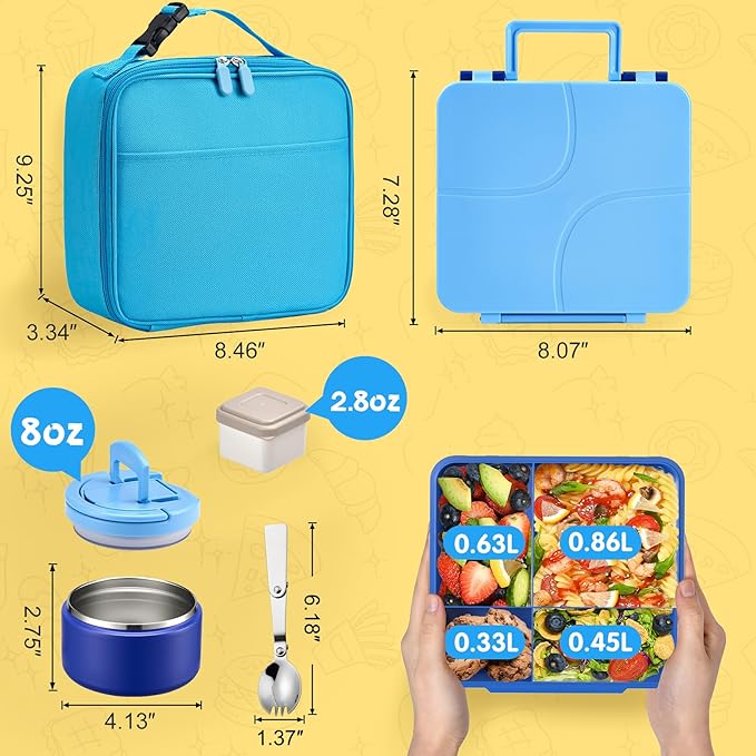 MAXSO Bento Lunch Box Set with 8 oz Soup Thermo, Kids Leakproof 4 Compartments Hot Food Container with Sauce Cup, Ice Pack and Lunch Bag, Child Insulated Food Jar for School - Blue