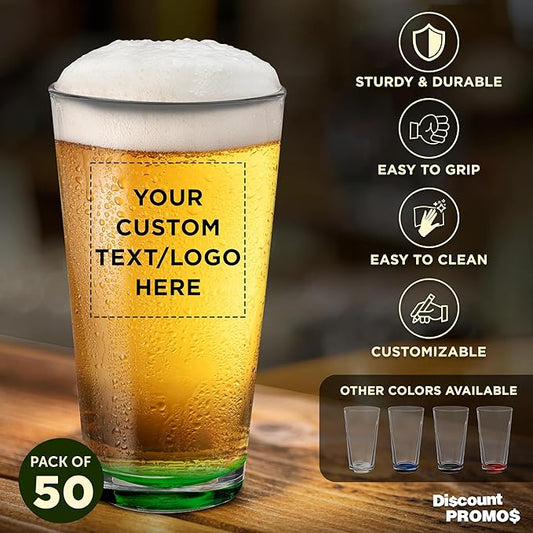 Custom Casale Pint Glass 16 oz. Set of 50, Personalized Bulk Pack - Beer Glasses, Heavy Duty Drinkware - Green