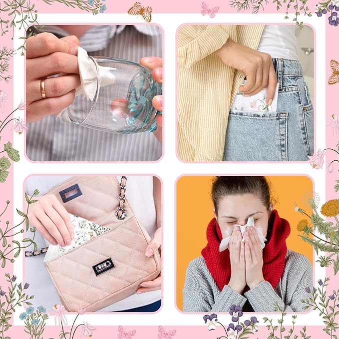 50 Pack Summer Floral Pocket Tissues Individual Packs Wildflower Wallet Tissue Travel Bulk 3 Ply Flower Facial Pocket Packets for Summer Wedding Birthday Party Supplies