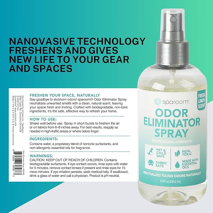 SpaRoom Odor Eliminator Spray – Home Freshener for Strong Smells, Smoke and Pet Neutralizer, Bathroom and Car Deodorizer with Plant-Based Ingredients, 8oz Zero-Residue Linen Formula