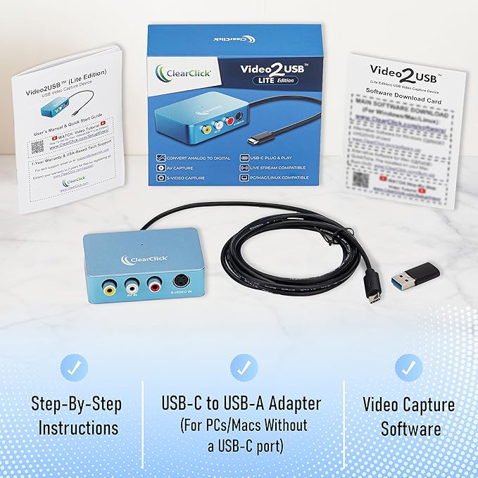 ClearClick Video to USB Lite - USB Audio Video Capture Device - Input AV, RCA, S-Video, VCR, VHS, Camcorder, Video8, Hi8, DVD, Retro Gaming Systems - USB-C Plug & Play