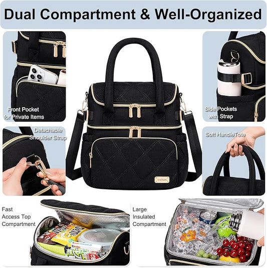 Weitars Lunch Bag for Women Men,Double Deck Lunch Box for Women,Quilted Lunch Tote for Work,Insulated Lunch Cooler Leakproof Lunchbox for Adult with Shoulder Strap &Pockets for Picnic Hiking (Black)