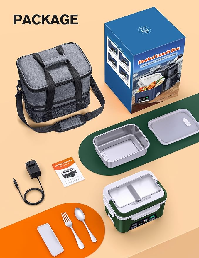 EAST OAK Cordless Electric Lunch Box for Adults, Heated Lunch Box Battery Powered with Automatic Heating, 5.5 Cups Portable Food Warmer with Insulated Carry Bag