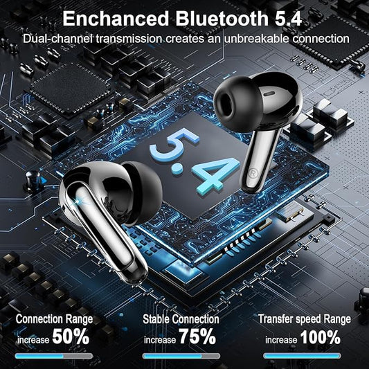 Wireless Earbuds, Bluetooth 5.4 Headphones, ENC Noise Cancelling Mic Ear buds with Stereo Bass, 48H Playtime Earphones , LED Display, IP7 Waterproof In Ear EarBuds for Phone Android iOS Sports, Black