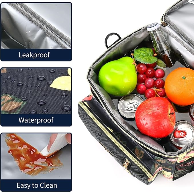LOKASS Lunch Box for Women, 16L, Double Deck Expandable Insulated Lunch box For Adults/Women Thermal Large Waterproof Leakproof Cooler Bag with Shoulder Strap - Peony