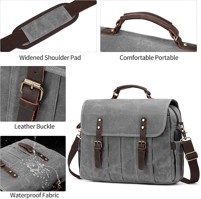 Messenger Bag for Men 15.6 Inch Vintage Canvas Genuine Leather Briefcase for Men Laptop Bag Satchel Shoulder Bag