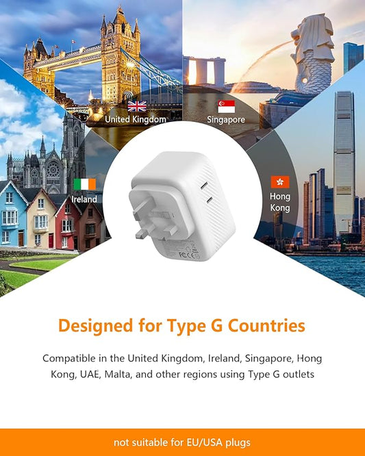 UK Travel Plug Adapter (2 Pack), Type G Plug Adapter with 30W GaN Fast Charger, 3 AC Outlets, 2 USB-C & 1 USB-A Ports, Surge Protection, Power Adapter for UK, Ireland, Singapore, Hong Kong & More