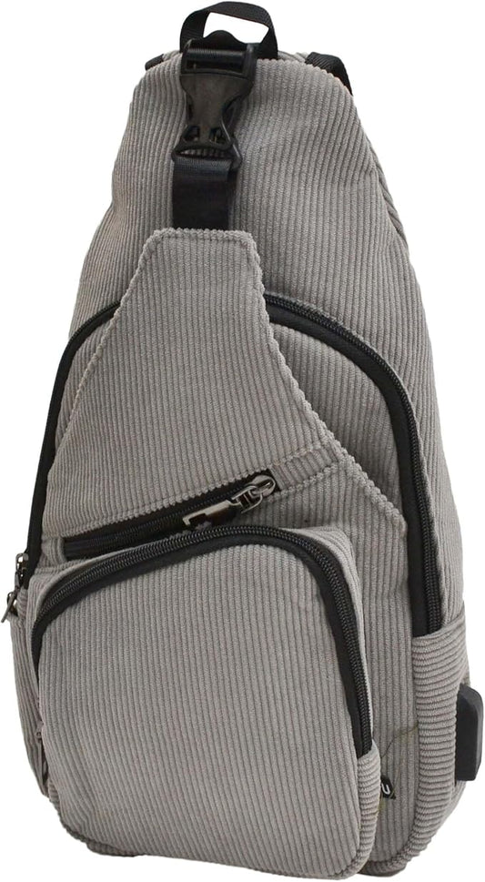 Anti-Theft Daypack Crossbody Sling Backpack, USB Charging, Lightweight Day Pack for Travel, Hiking, Everyday, Large, Gray Corduroy