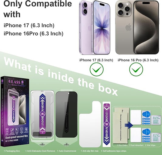 2 Pack Privacy Screen Protector for iPhone 17&16 Pro 6.3-Inch Auto Dust Removal, No Bubbles,Anti-Spy Tempered Glass Film, Easy Installation