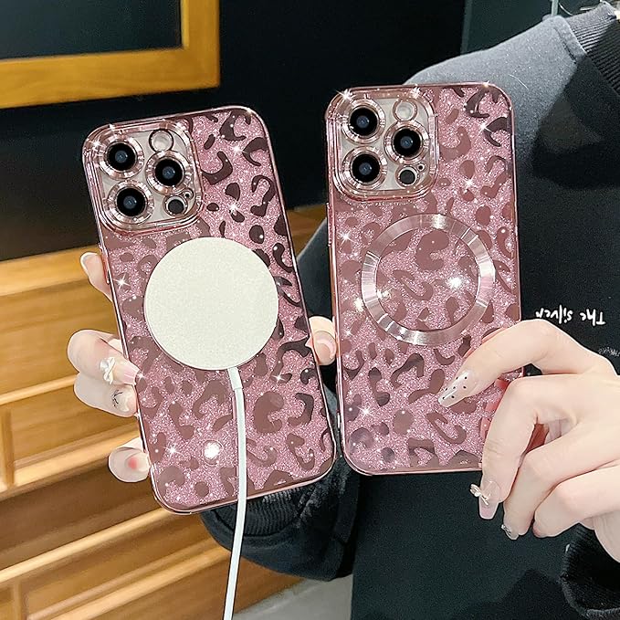 for iPhone 16 Pro Max Case Magnetic,Soft Cute Luxury Leopard Cheetah Pattern Plating Glitter Bling Phone Case Compatible with MagSafe Clear Shockproof Back Cover for Women Girl 6.9"-Pink