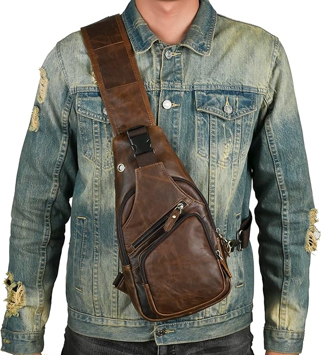 Le'aokuu Men Fashion Casual Tea Designer Travel Hiking Crossbody Chest Sling Bag Rig One Shoulder Strap Bag Men Leather 8015