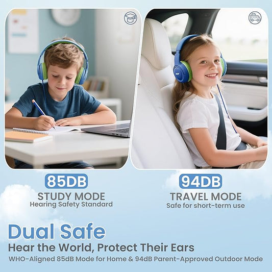 Kids Headphones Wired for School - Over-Ear 85/94dB Volume Limiter, 3.5mm Jack Foldable Stereo Sound Headset for Toddlers Girls Boys Travel Learning Entertainment Tablet Kindle iPad PC Blue Green