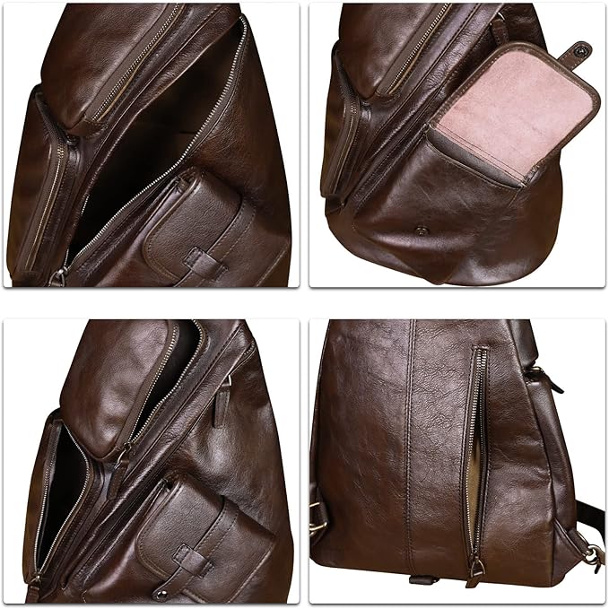 Genuine Leather Large Sling Bag for Men and Women Large Sling Backpack Purse Shoulder Crossbody Chest Bag for Ipad (Coffee)