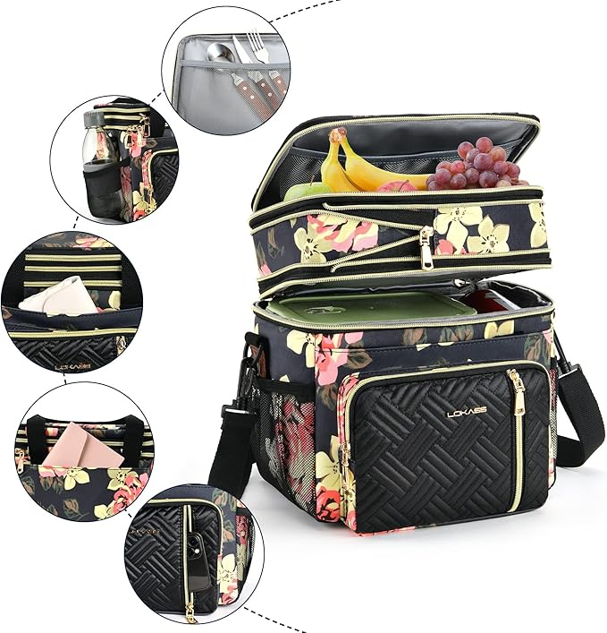 LOKASS Lunch Box for Women, 16L, Double Deck Expandable Insulated Lunch box For Adults/Women Thermal Large Waterproof Leakproof Cooler Bag with Shoulder Strap - Peony