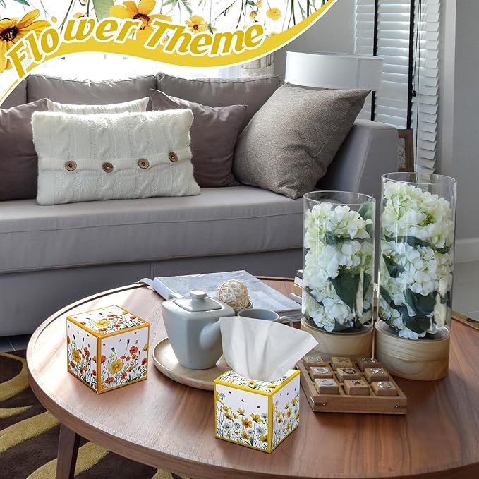 12 Pack Summer Floral Facial Tissues Cube Boxes 600 Sheets 3 Ply Small Square Wildflowers Face Tissues Bulk for Summer Car Bedroom Supplies