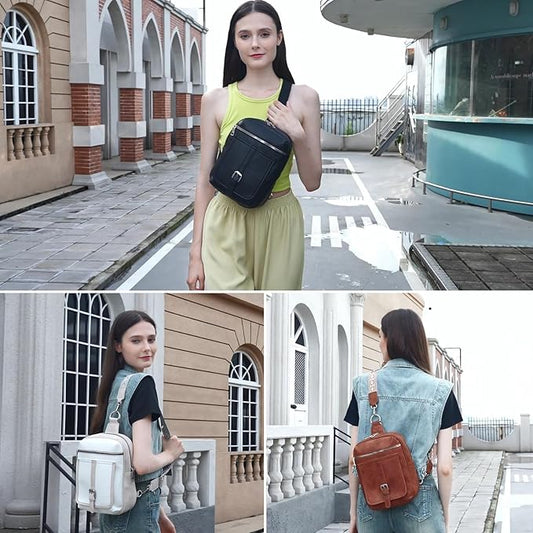 Sling Bag Crossbody Backpack - 2 in 1 Leather Cross Body Bag Fanny Pack with 2 Removable Straps