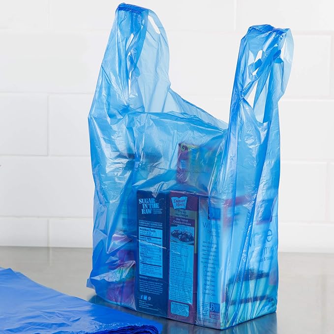 Blue T-Shirt Bags, 12 x 6 x 22 Inches. Pack of 700 Plastic Merchandise Bags, 18 Micron. Unprinted Grocery Bags with Handles. High Density Polyethylene Shopping Bags for Small Business