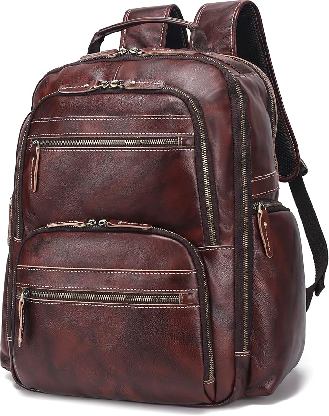 Vintage Full Grain Leather Backpack For Men, 17.3'' Laptop Bag Causal Rucksack Shoulder Bag Overnight For Business/Hiking/Travel