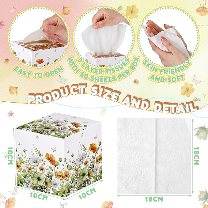 12 Pack Summer Flower Floral Facial Tissues Cube Boxes 600 Sheets 3 Ply Small Wildflower Face Tissues Bulk for Summer Car Bedroom Supplies
