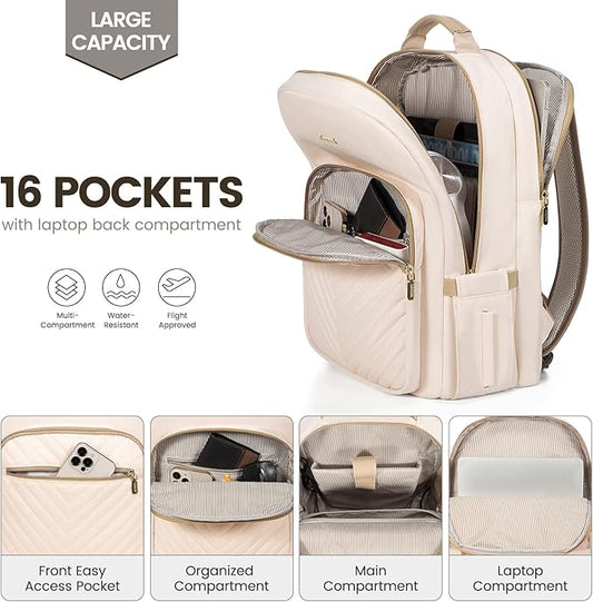 LOVEVOOK Laptop Backpack for Women 17.3 inch,Cute Womens Travel Backpack Purse,Professional Laptop Computer Bag,Waterproof Work Business College Teacher Bags Carry on Backpack with USB Port,Off-white