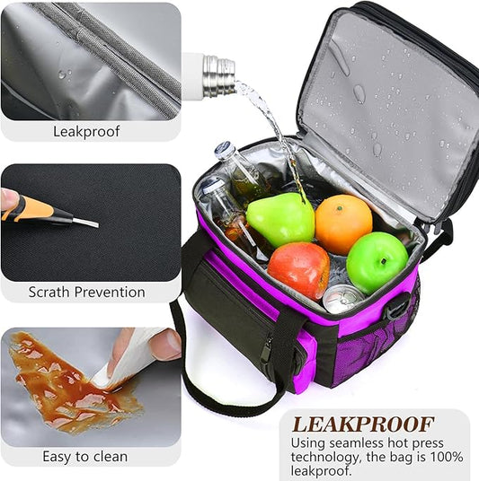 LOKASS Lunch Bag & Lunch Box for Men Women - Double Deck Expandable Insulated Waterproof Leakproof Cooler Bag for Work/Picnic - Purple