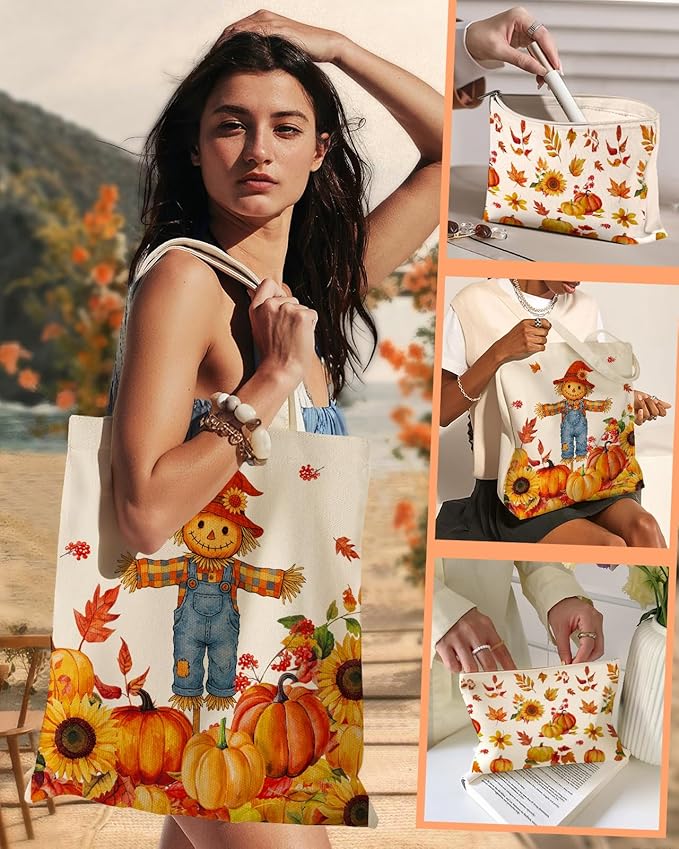 2 Pack Canvas Tote Bag - with Makeup Pouch Aesthetic Cute Women Reusable Canvas Bag for Shopping, Work, Travel