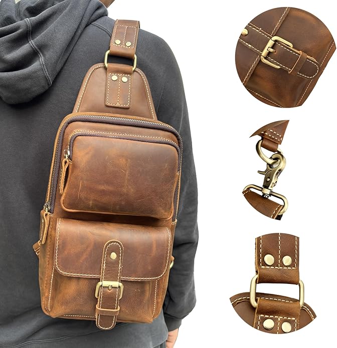 Genuine Leather Sling Bag for Men Women Backpack Chest Shoulder Satchel Crossbody Bags Casual Outdoor Daypack
