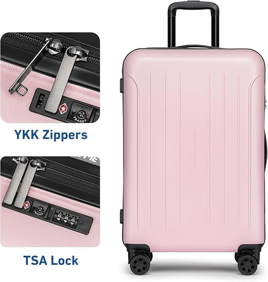 KYME Suitcase Hardshell With Double Spinner Wheels, PC+ABS TSA Lock Travel Luggage (Pink, 2Pcs Set(20"/24"))