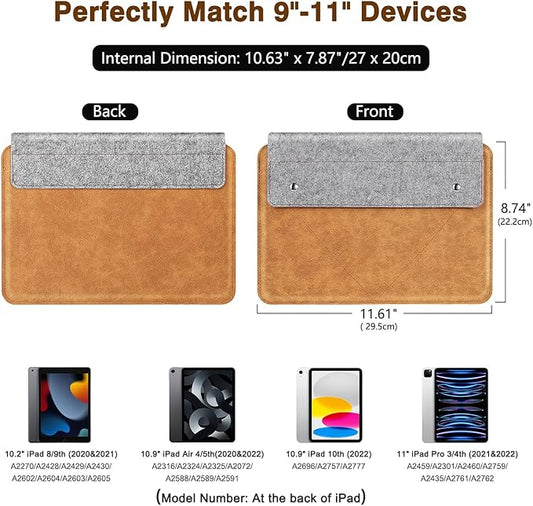 MoKo 9-11 Inch Felt Leather Tablet Sleeve Bag Carrying Case Fits New 11-inch iPad Air M2, New 11-inch iPad Pro M4 2024, iPad Air 5/4 10.9, iPad 9/8th Gen 10.2, iPad 10th Gen 10.9, Gray & Brown