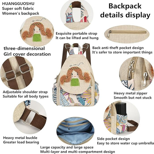 HUANGGUOSHU Women Cotton Woven Bohemian Hemp Boho Canvas Embroidery Multi Pocket Retro Cute Backpack Wallet Backpack Little girl and dog watch the sea