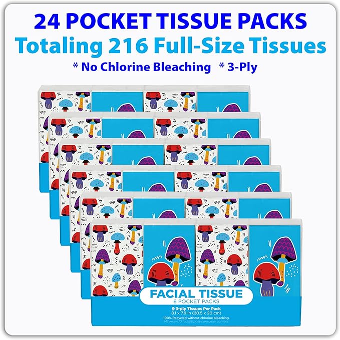 Funwares White Facial Travel Tissue Packs, Non-Bleach, Chlorine-Free, Compact Pocket Tissues for Car, Purse, School, Work, On-the-Go Tissue Packs, Mushroom Design, 24 Packs, 216 Tissues, 3-Ply Sheets