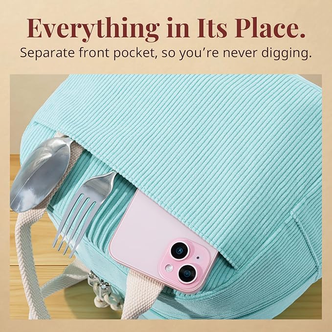 Insulated Lunch Bag for Women Men, Stylish Corduroy Tote Bag with Aluminum Lining, Large Capacity Reusable Cooler for Work, Travel, or Beach, Mint Blue Lunch Box