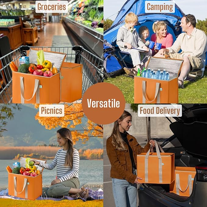 VENO 2 Pack Cooler Bag and Insulated Grocery Bags for Food Delivery, Collapsible Cooler. Reusable Shopping Bags for Groceries with Hard Bottom, Zippered, Foldable, Heavy-Duty (Autumn Orange, 2 Pack)